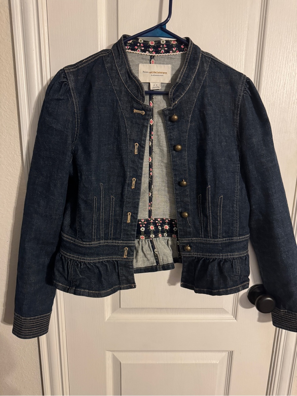 Pilcro Dark Blue Denim Jacket with Ruffle Hem - Women